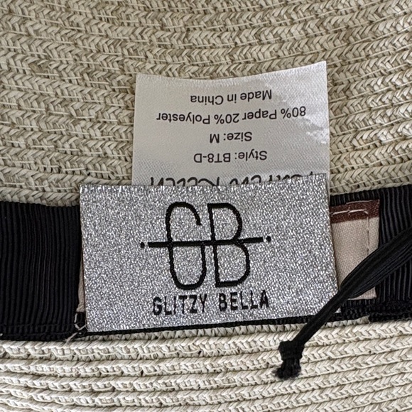 Glitzy Bella Brand Stylish Straw Hat with Grey Black Striped Ribbon - Picture 6 of 8